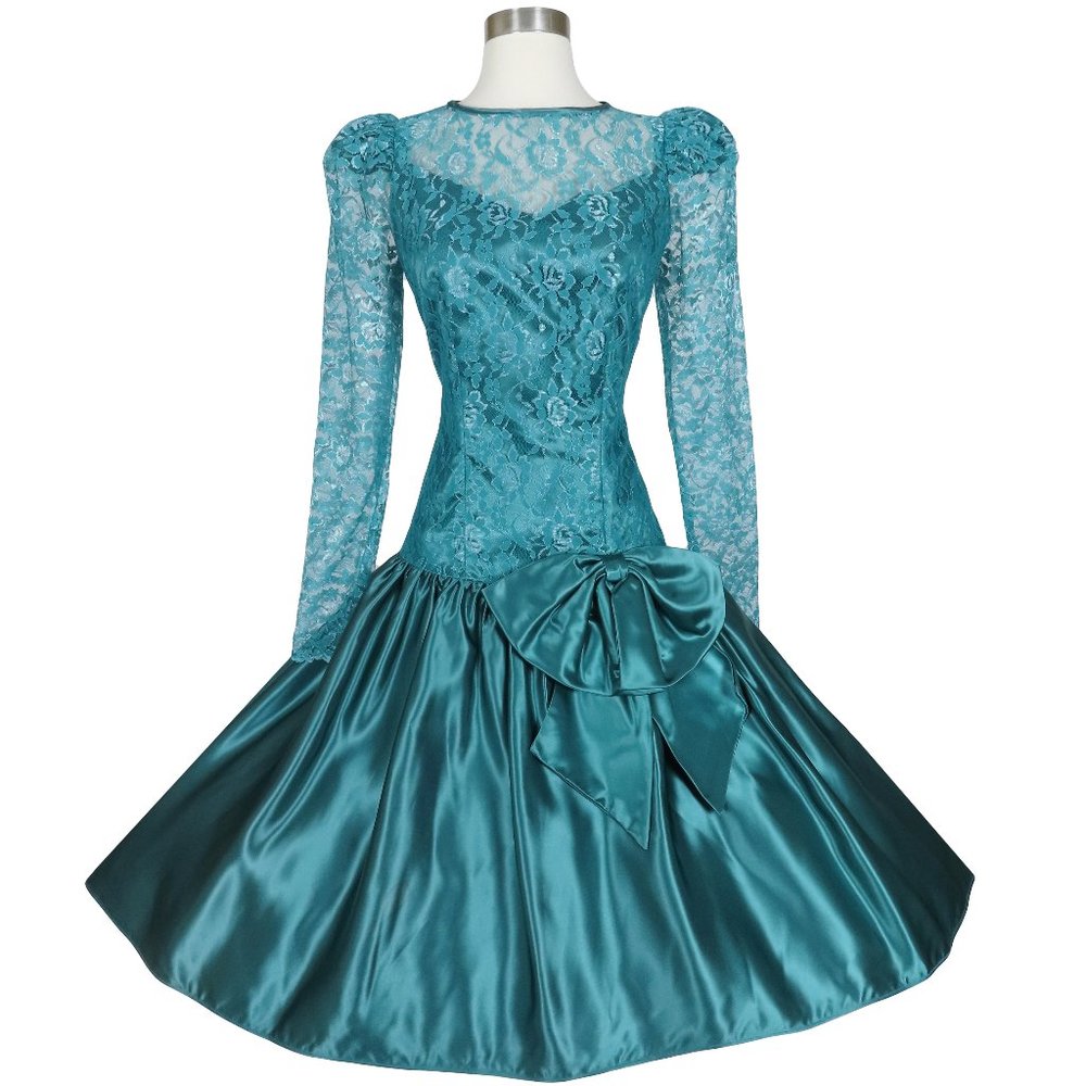 Vintage 80s 90s Teal Blue Green Long Sleeve Lace Full Skirt Prom Party Dress M